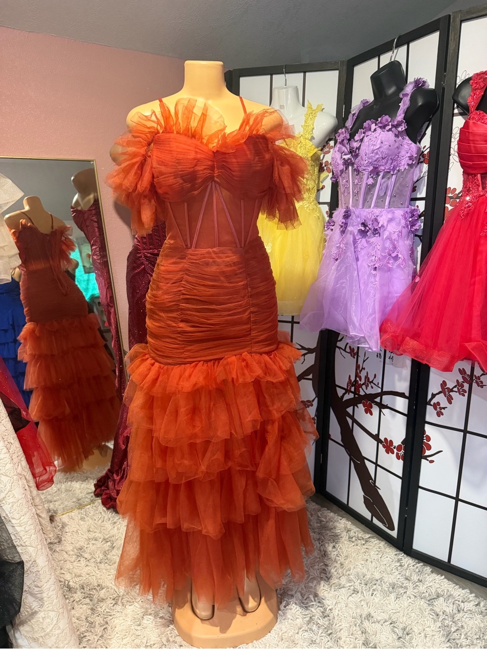 Rust Orange Ruffled Tulle Prom Dress with Sheer Corset Bodice